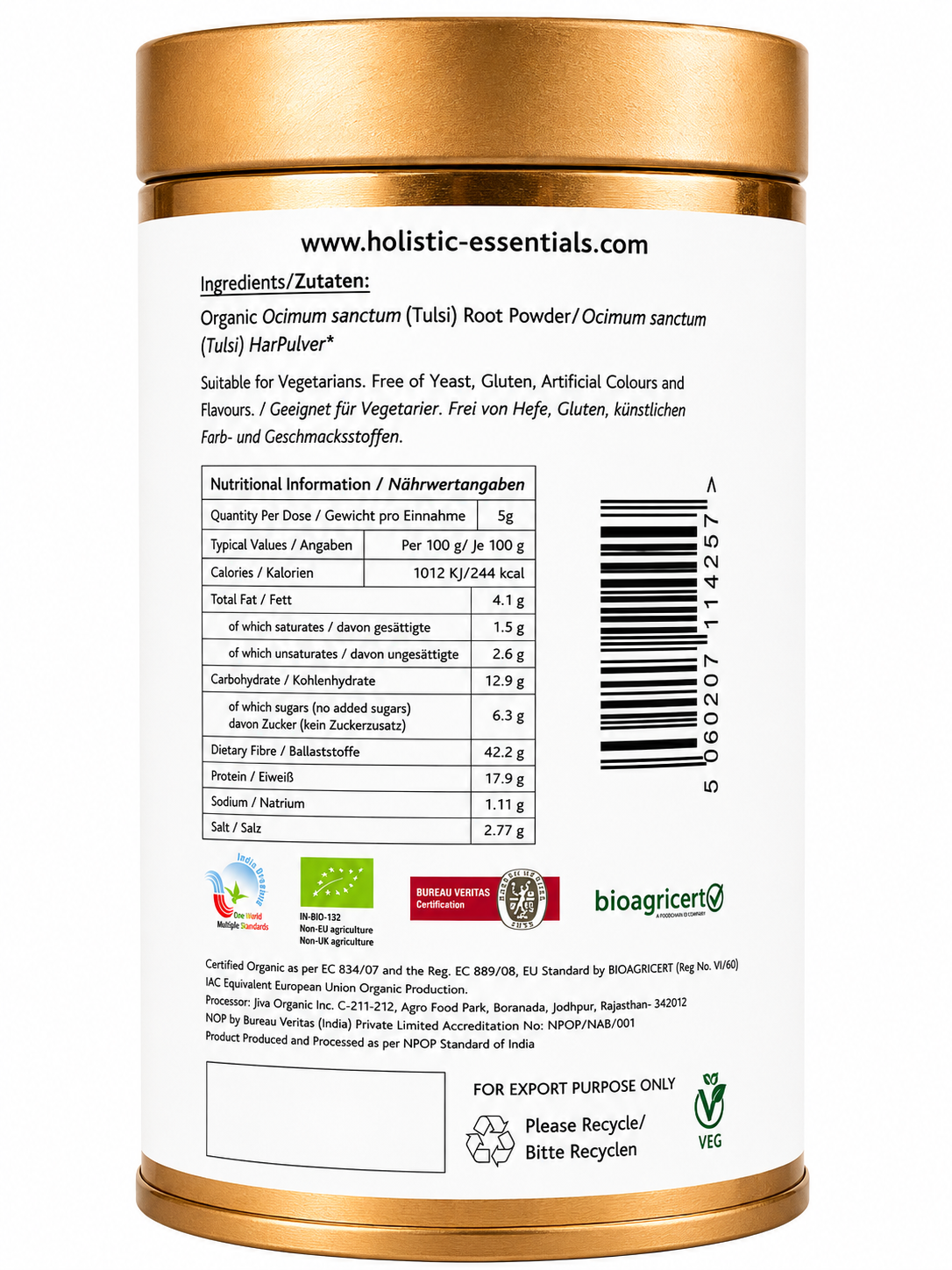 Pure & Natural Tulsi Powder - 350G | Holistic Essentials - Ingredients
