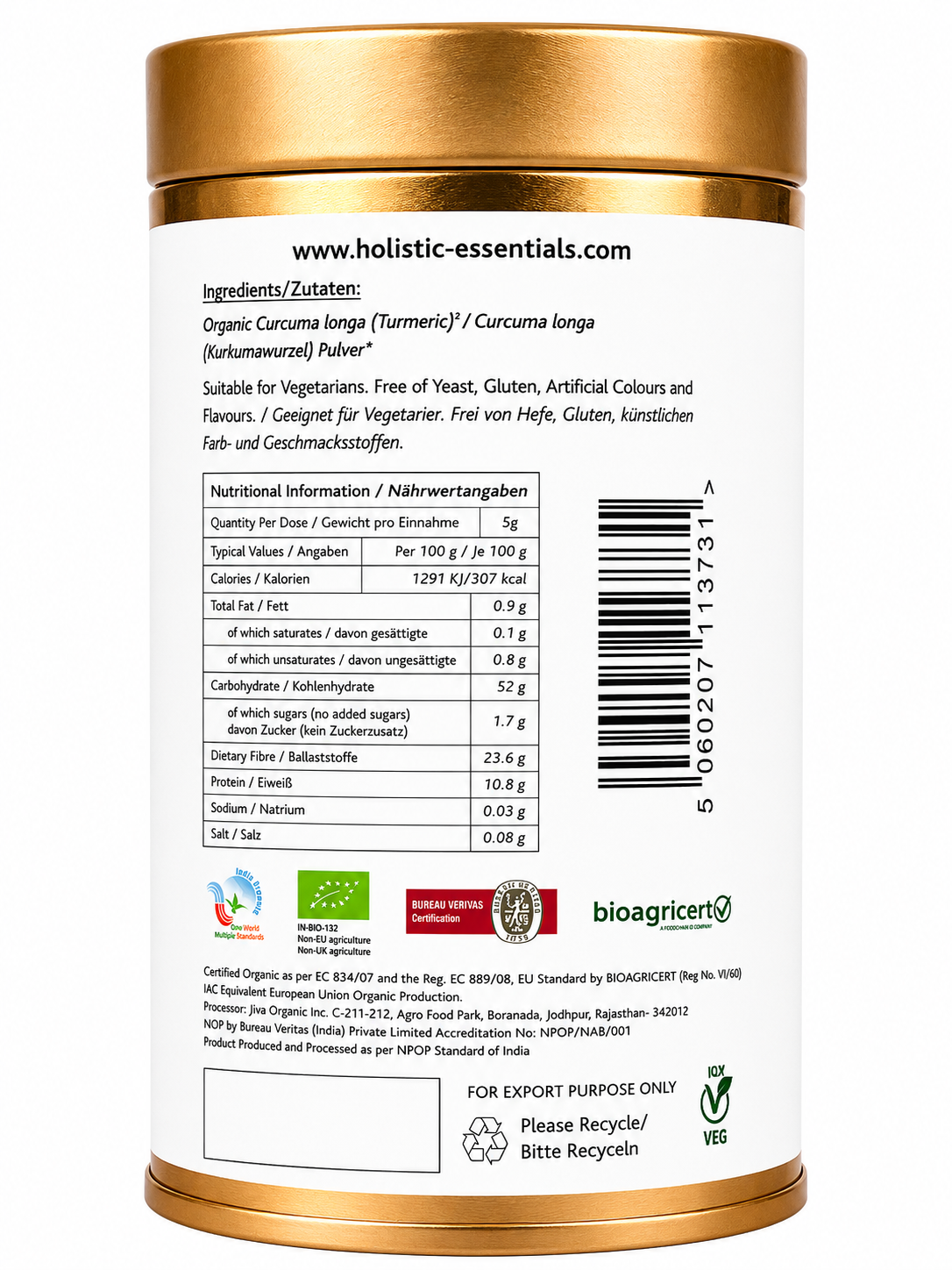 Organic Turmeric Powder 500g| Holistic Essentials - Ingredients