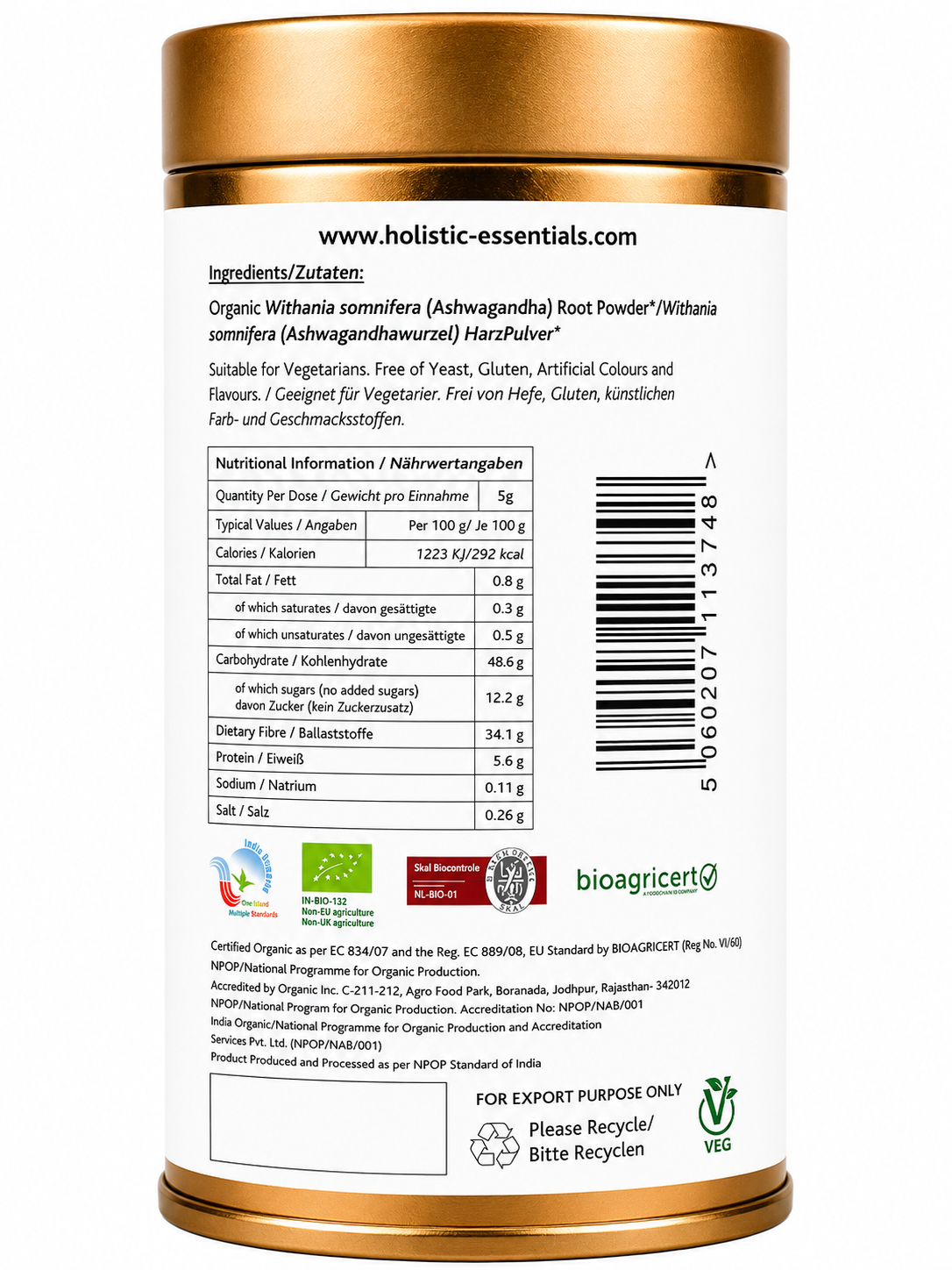 Organic Ashwagandha Powder 450g | Holistic Essentials - Ingredients