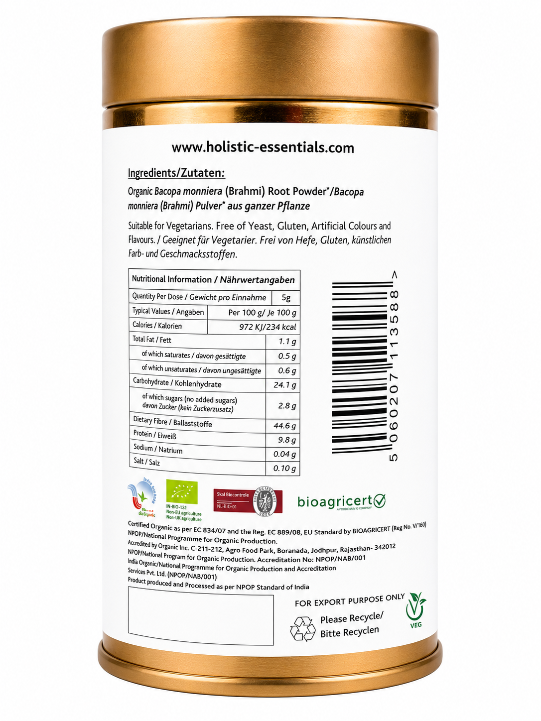 Organic Brahmi Powder - 400g - Pure & Natural | Holistic Essentials - Ingredients