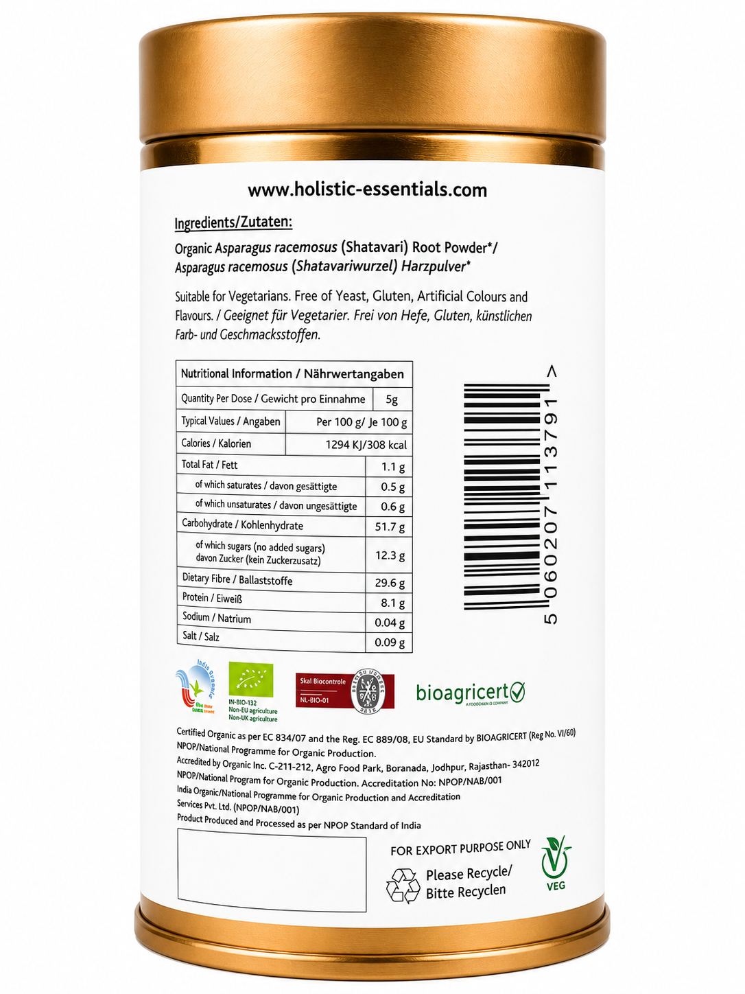 Organic Shatavari Powder 350g | Holistic Essentials - Ingredients